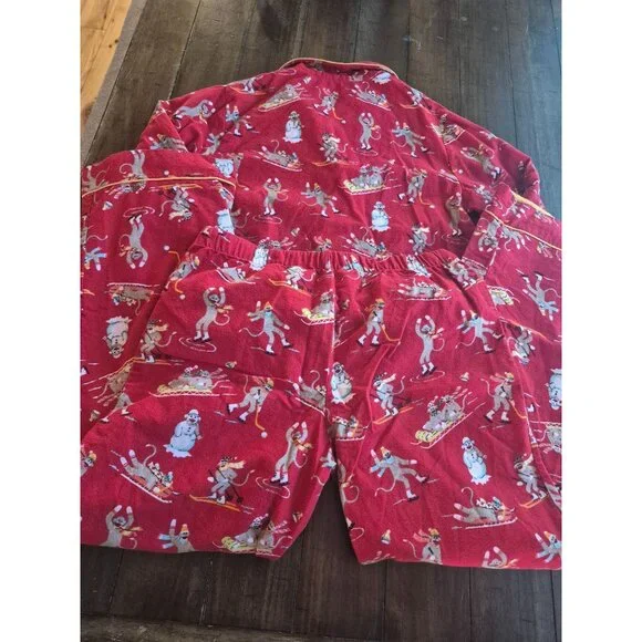 Nick & Nora Red Pajama Set Skiing Sock Monkeys Size M - Picture 7 of 7
